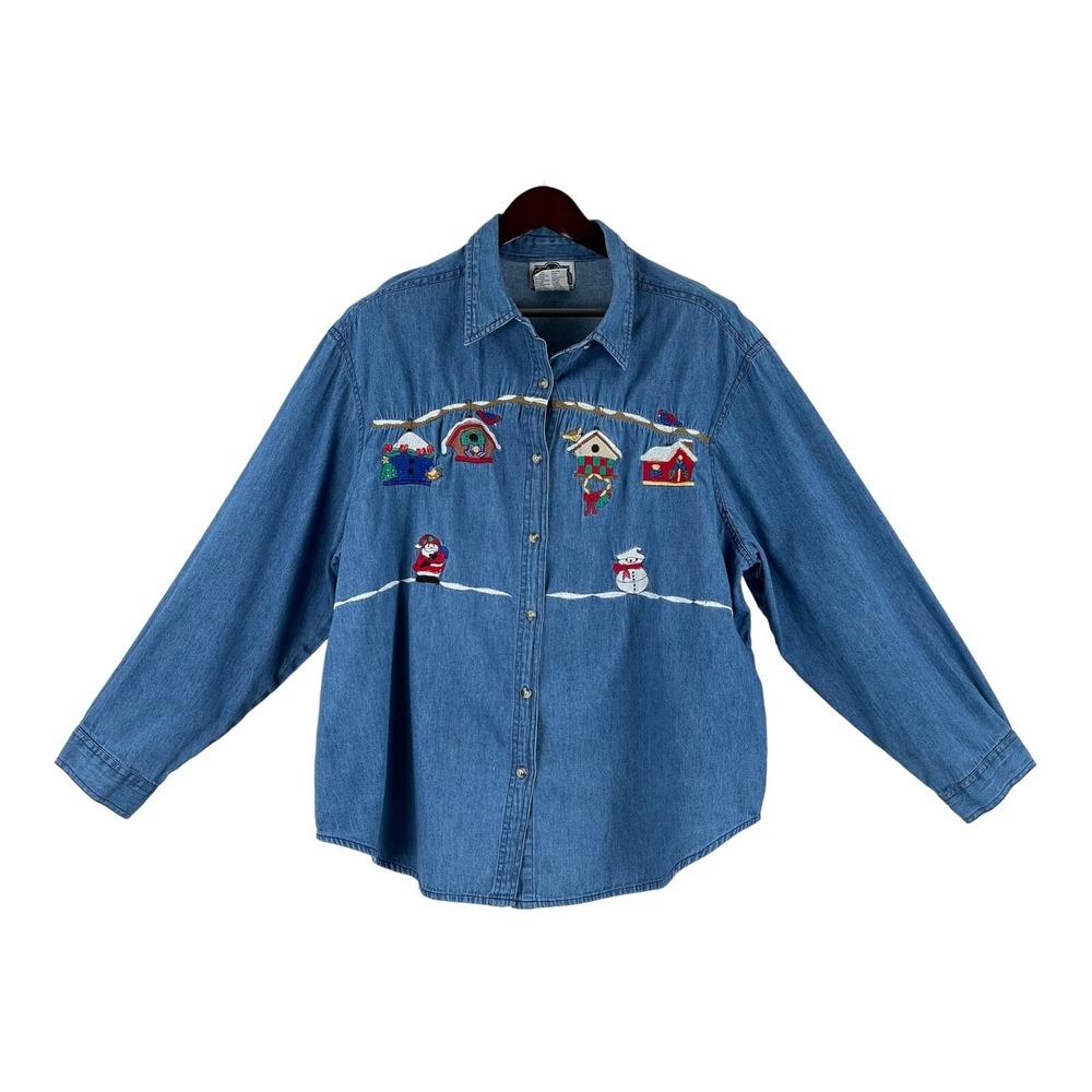 VTG Christmas DENIM Shirt Womans 22 BLUE Chambray Embroidered Santa Snowmen